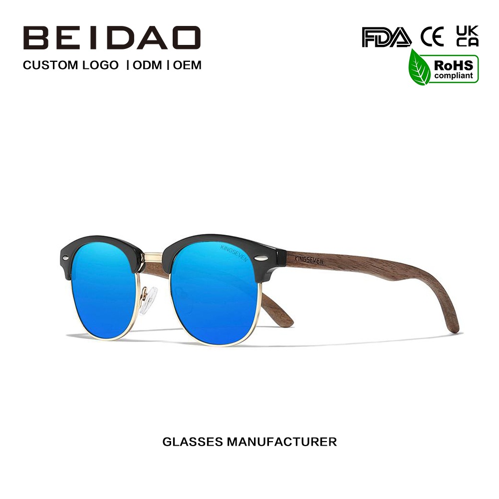 ແວ່ນຕາກັນແດດຈາກໄມ້ Walnut Polarized ສີຟ້າ