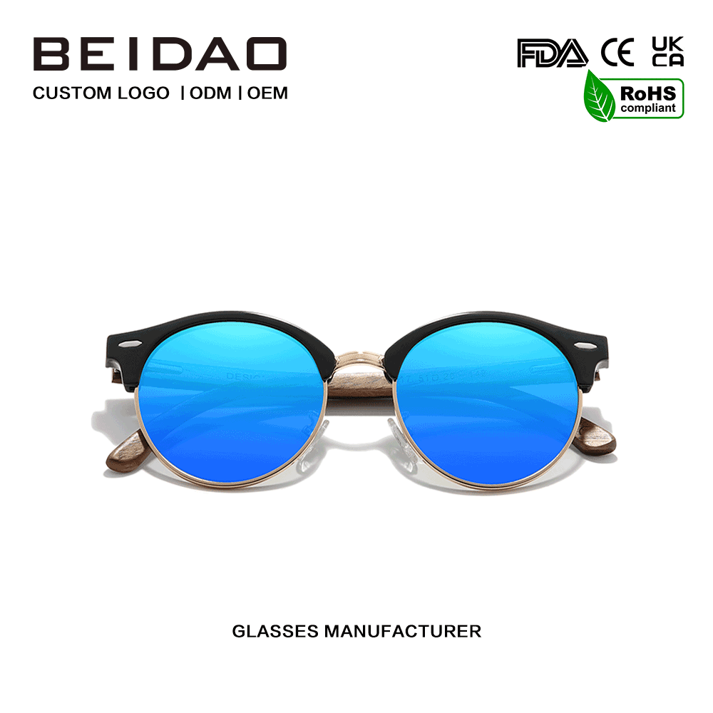 ແວ່ນຕາກັນແດດ Polarized ສີຟ້າ Walnut ຮອບ UV400